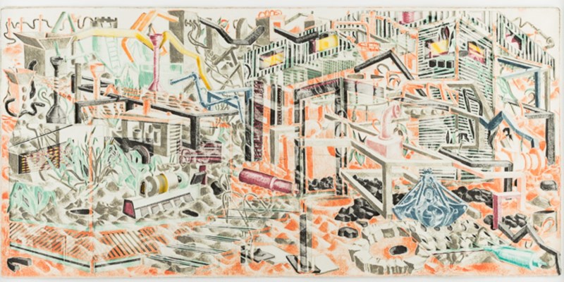 2014, Parkväxter, Collage of drypoint 58 x 100  Interview  How would you describe what you were working on when you were awarded the Maria Bonnier Dahlin Scholarship and what did the scholarship mean to you?  I worked on several projects where I in various ways used copper printing as an artistic hub for doing paperwork and sculptures. The scholarship has helped me dive into and invest time and money in making more extensive artwork.  What discussions characterized the art scene at this time and what was particularly important you?  I am most interested in the discussion of an ongoing shift, or nuance, from a rather intellectual art ideal to a more physical, poetic and spiritual view of art, where bodily knowledge and intuitive depth in concrete materials or techniques do not necessarily need to be justified politically or educationally. It's nice that I no longer automatically need to feel old fashioned when working with dry needle.  What exhibitions, films and books were important to you and what music did you listen to?  Exhibitions: Mamadou Cissé at the Bernhard Jordan Gallery in Paris, Gunilla Klingberg's work Parallel Area Variable at Malmö Konsthall and Vera Nilsson at Liljevalch Art Hall. Movies: The documentary Drone by Tonje Hessen Schei, the Chinese animated film The Monkey King: Havoc In Heaven. Books: All Carl Frode Tiller's books, The Swedish Tourist Association's Annual Journal 1927– 1953. Listening to great singers like Hope Masike in Monoswezi, Bryan Ferry and Fiona Apple.  If you would point out any person that you perceive as particularly influential in Swedish art at this time, who would it be and why?  Anna Odell, because she shows integrity, intelligence, and through her way of acting in public, courage and unusual wisdom.  How would you describe the social and political climate that prevailed, and were there any questions or events that particularly affected your work?  There is much to be said about today's political climate, but I would like to mention something about the debate about the so-called "cultural man". When I met my Swedish boyfriend I thought it was good when he nodded and agreed with my relatively moderate feminist expositions. All similar conversations I had had with Norwegian and other men had consisted of a quirky and tiring struggle to even make them want to understand what I meant. After a while, I found that the Swede was not faking, and then I noticed that most of the other Swedish men I met (usually cultural workers) had about the same relaxed and intelligent attitude to the topic. After the cultural debate, among other things, I have got the feeling that many Swedish women are not aware of the rare, precious type of man they have access to here. I cannot imagine that it exists anywhere else on earth, other than as individual specimens. But what do I know – it must be Swedish women who have bred them, I just think they are very busy with the continued breeding work. Certainly, a calm, cool revolution is underway: one that is secure, strong, purposeful. Not so flirty, but still sexy, just like Swedish men. And like many Swedish products, this also will probably enter the world. Here, strictly speaking, there is a minimum of whining that representatives of the female gender are boring, ignorant, self-embracing, feminizing, over-ambitious, lame, lazy, and generally hardworking. This powerful climate where you don't have to go around feeling like a threat to the right masculinity has affected my work situation and my self-confidence. When I moved from Norway, artists were represented by important commercial galleries there, 80% men. Such tendencies are evident here as well, but I still think that in Swedish art life women help themselves, and nice men welcome it. Thank you, you wonderful men who know how to free a woman! (PS. My husband says I'm exaggerating, but I'm not, this is my honest experience.)  When you look back and compare art life now and then, what are the most eye-catching changes?  Nothing special.  What are you working on today?  I work in similar processes as before, though in larger formats, and with a more experimental and open-minded approach.   This is an excerpt from Samlade stipendiater! 30 år med Maria Bonnier Dahlins stiftelse, by Niclas Östlind, (red.) (2016). Stockholm: Bonnier fakta.    Complete list of works in the exhibition by Ellisif Hals   2014, Parkväxter, Collage of drypoint 34,5 x 64,5   2014, Mino 7, Collage of drypoint 58 x 100