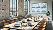 A modern workspace with papers, laptops, and a screen showing predictions, suggesting research and analysis.